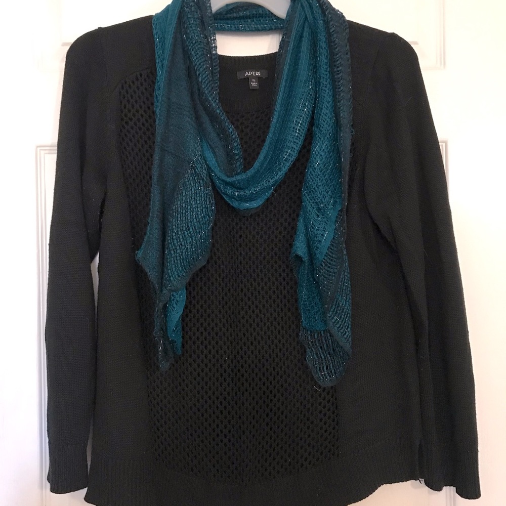Apt 9 Black Open Knit Front Crewneck Sweater with Turquoise and Silver Scarf